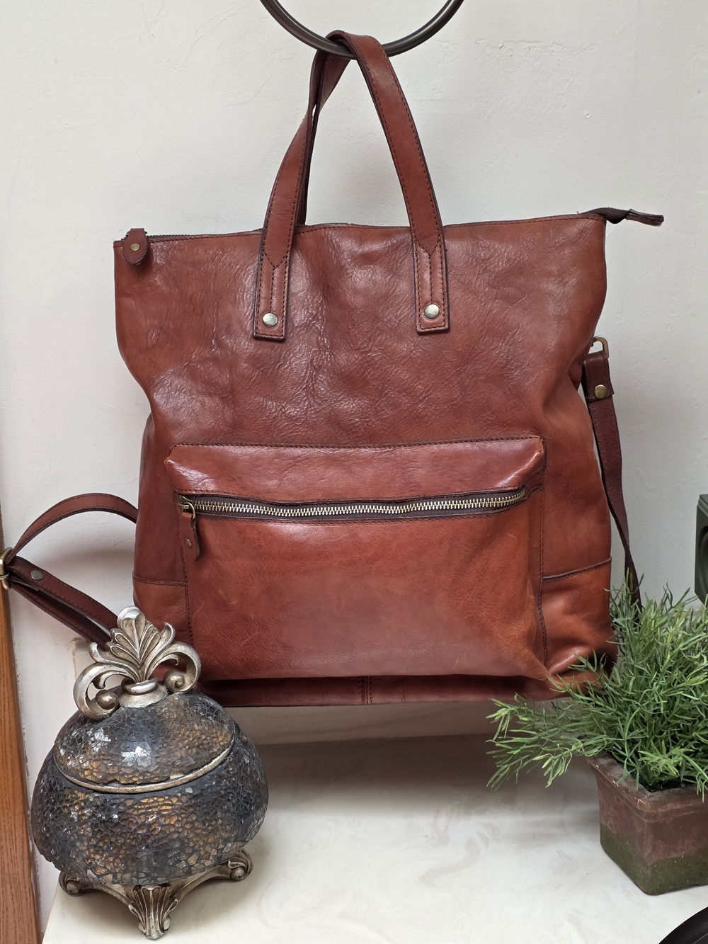 I Medici Firenze, Cognac Brown Leather & Brass, Tote Backpack- Made in Italy.